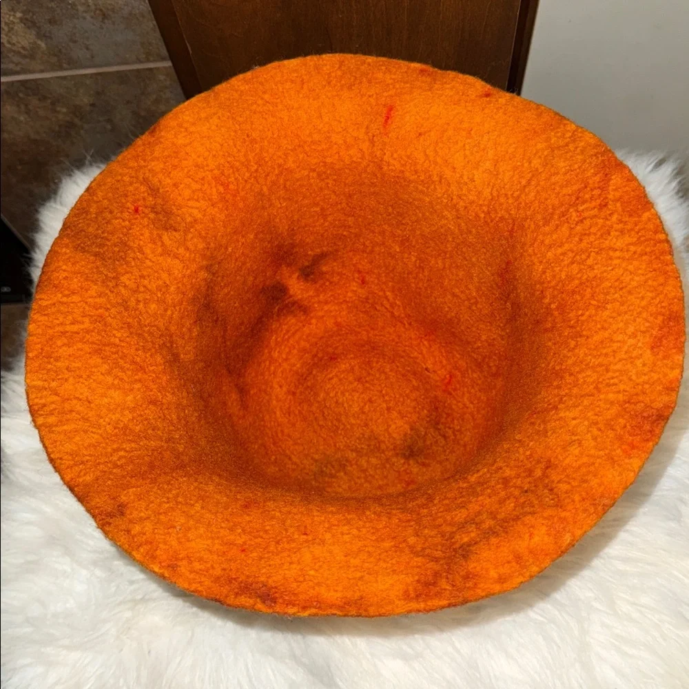 Camilla Krueger Designs orange marbled artisan hand-felted wool sculptural hat